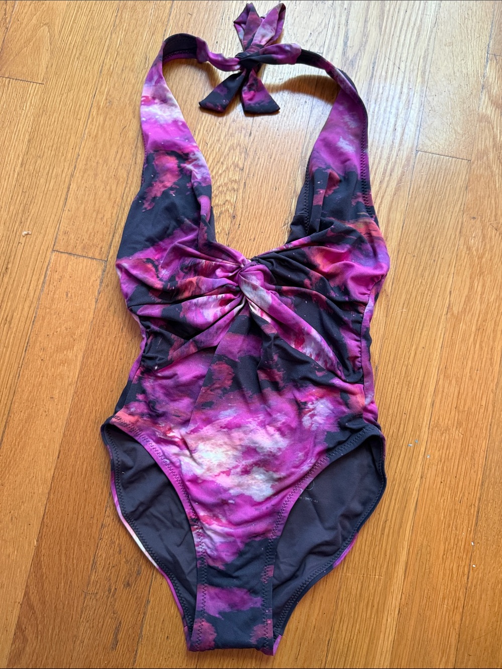 All Saints Pink and Black Tie-Dye Halter One-Piece Swimsuit